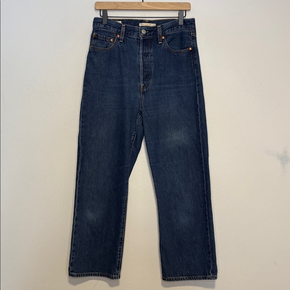Levi's Premium Ribcage Straight Ankle 29W 27L Dark Wash Jeans Leather Patch